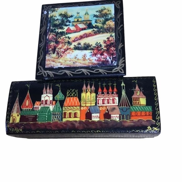 Vintage Russian Lacquer Hand Painted Fairy Tale Hinged Trinket Box Lot of 2 - Picture 7 of 8